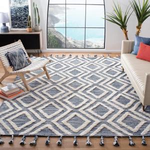 SAFAVIEH Area Rug 8×10 – Kenya Collection – Large – Black & Ivory, Handmade Wool, Moroccan Tassel Design, Ideal for Living Room, Bedroom, Dining Space (KNY331Z)(Navy/Ivory)