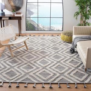 SAFAVIEH Area Rug 8×10 – Kenya Collection – Large – Black & Ivory, Handmade Wool, Moroccan Tassel Design, Ideal for Living Room, Bedroom, Dining Space (KNY331Z)(Grey/Ivory)