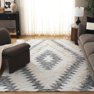 SAFAVIEH Area Rug 8×10 – Kenya Collection – Large – Grey & Ivory, Handmade Wool, Moroccan Boho Tribal Design, Ideal for Living Room, Bedroom, Dining Space (KNY451F)(Black/Ivory)