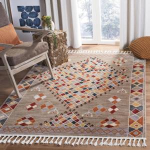 SAFAVIEH Farmhouse Collection 5’1″ x 7’3″ Taupe / Navy FMH852E Boho Moroccan Tribal Tassel Area Rug(Taupe/Navy)