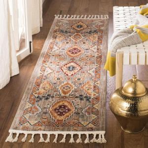 SAFAVIEH Farmhouse Collection Accent Rug – 4′ x 5’4″, Taupe & Orange, Boho Tribal Tassel Design, Non-Shedding & Easy Care, Ideal for High Traffic Areas in Entryway, Living Room, Bedroom (FMH848E)(Taupe/Orange)