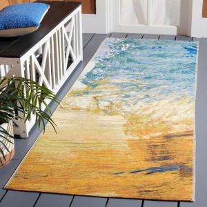 SAFAVIEH Washable Rug Outdoor Barbados Collection – 8′ x 10’5″, Blue & Gold, Non-Shedding & Easy to Clean, Ideal for Patio, Backyard, Mudroom (BAR510M)(Blue/Gold)