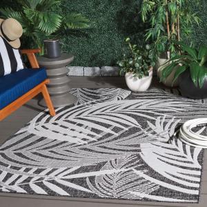 SAFAVIEH Washable Rug Outdoor Beach House Collection – 8′ x 10′, Blue & Ivory, Non-Shedding & Easy to Clean, Ideal for Patio, Backyard, Mudroom (BHS294M)(Charcoal/Ivory)