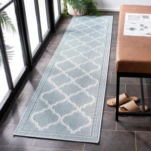 SAFAVIEH Washable Rug Outdoor Bermuda Collection – 8′ x 10′, Ivory & Charcoal, Non-Shedding & Easy to Clean, Ideal for Patio, Backyard, Mudroom (BMU810A)(Light Blue / Ivory)