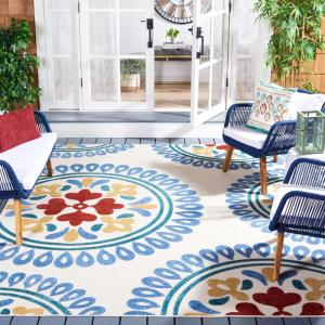 SAFAVIEH Washable Rug Outdoor Cottage Collection – 8′ x 10′, Cream & Sky Blue, Non-Shedding & Easy to Clean, Ideal for Patio, Backyard, Mudroom (COTS445B)