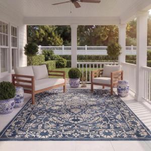 SAFAVIEH Washable Rug Outdoor Courtyard Collection – 8′ x 11′, Navy & Beige, Non-Shedding & Easy to Clean, Ideal for Patio, Backyard, Deck, Outdoor Dining, Poolside (CY6596-25821)(Navy/Beige)