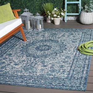 SAFAVIEH Washable Rug Outdoor Courtyard Collection – 8′ x 11′, Navy & Grey, Non-Shedding & Easy to Clean, Ideal for Patio, Backyard, Deck, Outdoor Dining, Poolside (CY8334-35821)(Navy/Grey)