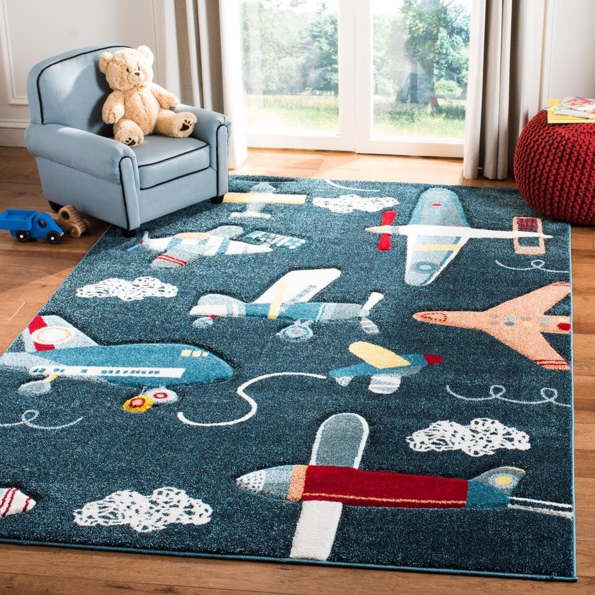 image:imageSAFAVIEH Carousel Kids Collection Accent Rug 4 x 6 Ivory amp Blue NonShedding amp Easy Care Ideal for High Traffic Areas for Boys amp Girls in Playroom Nursery Bedroom CRK167ANavyIvory