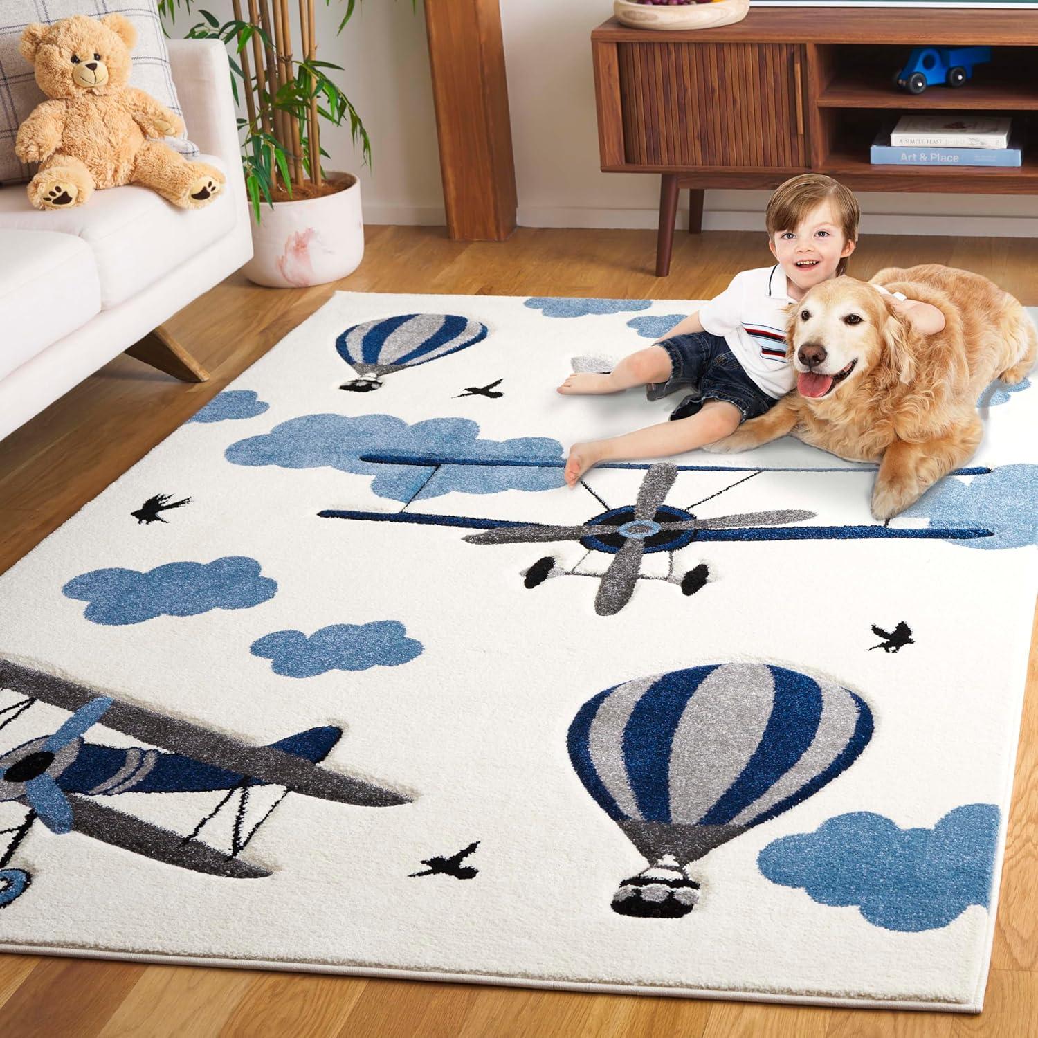 image:imageSAFAVIEH Carousel Kids Collection Area Rug 53 x 76 Light Grey amp Red NonShedding amp Easy Care Ideal for High Traffic Areas for Boys amp Girls in Playroom Nursery Bedroom CRK137FIvoryBlue