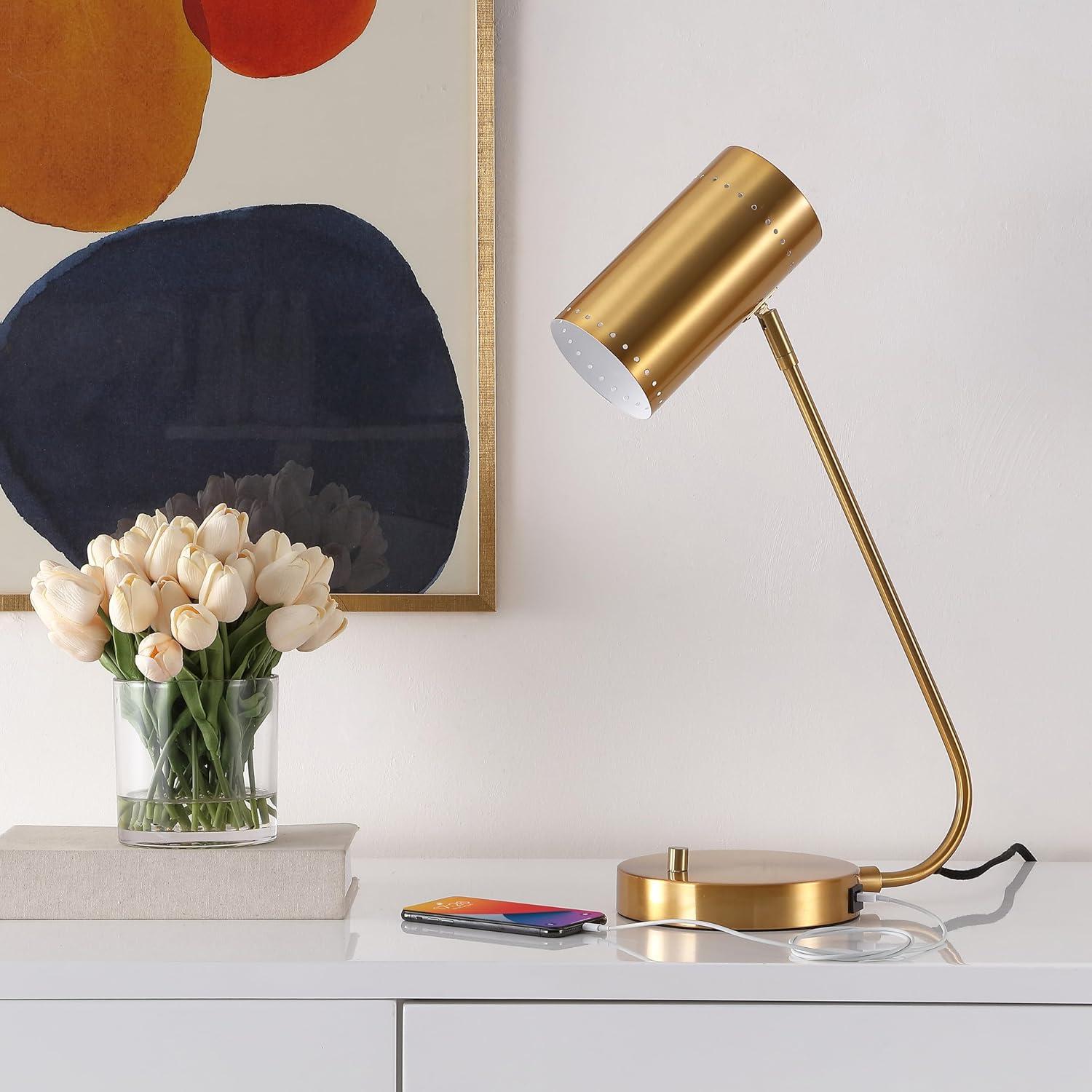 image:imageSAFAVIEH Lighting Collection Crane Brass Gold 23inch Table Lamp with USB Charging Port LED Bulb IncludedGold with USB