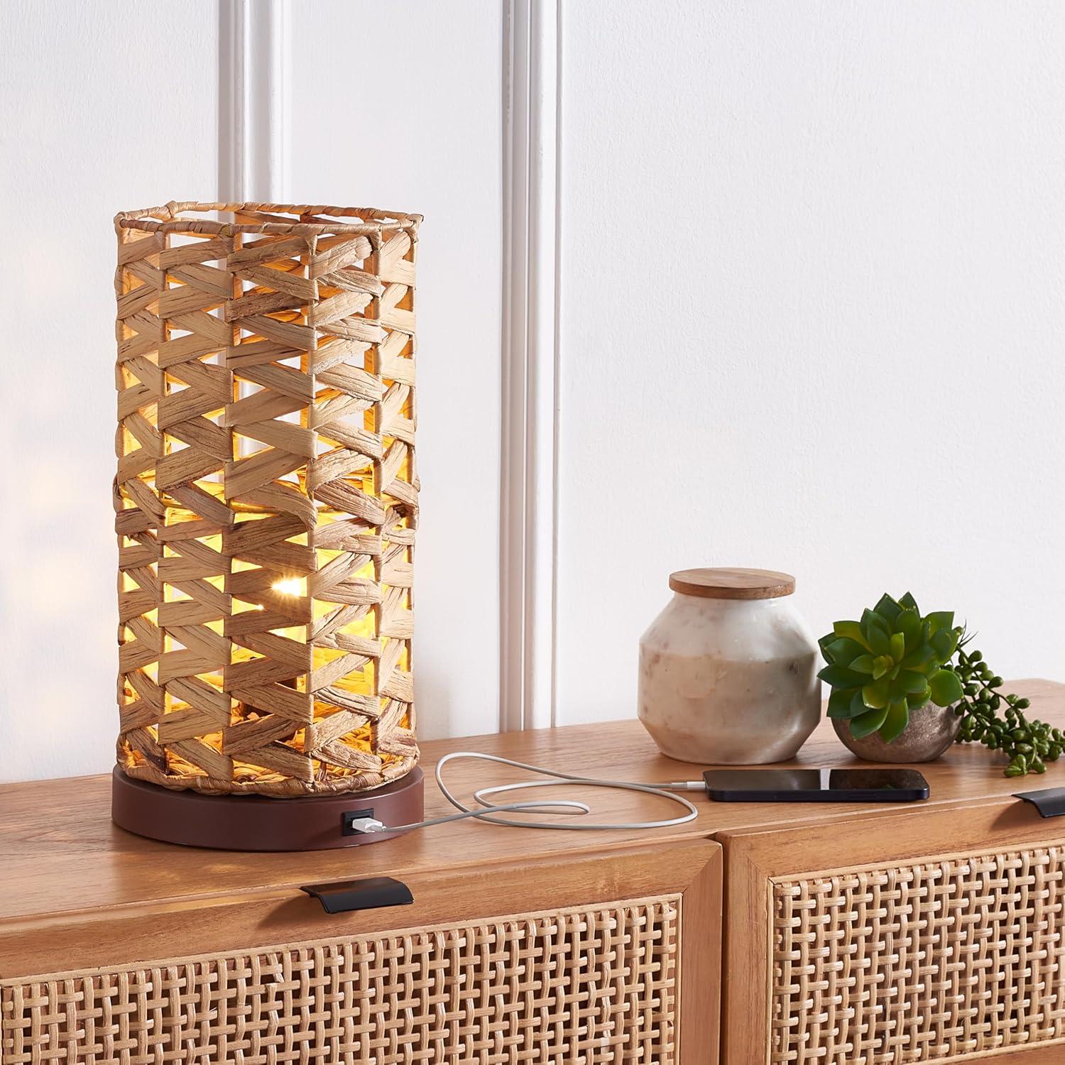 image:imageSAFAVIEH Lighting Collection Kirin Black Water Hyacinth 15inch Table Lamp with USB Charging Port LED Bulb IncludedNatural