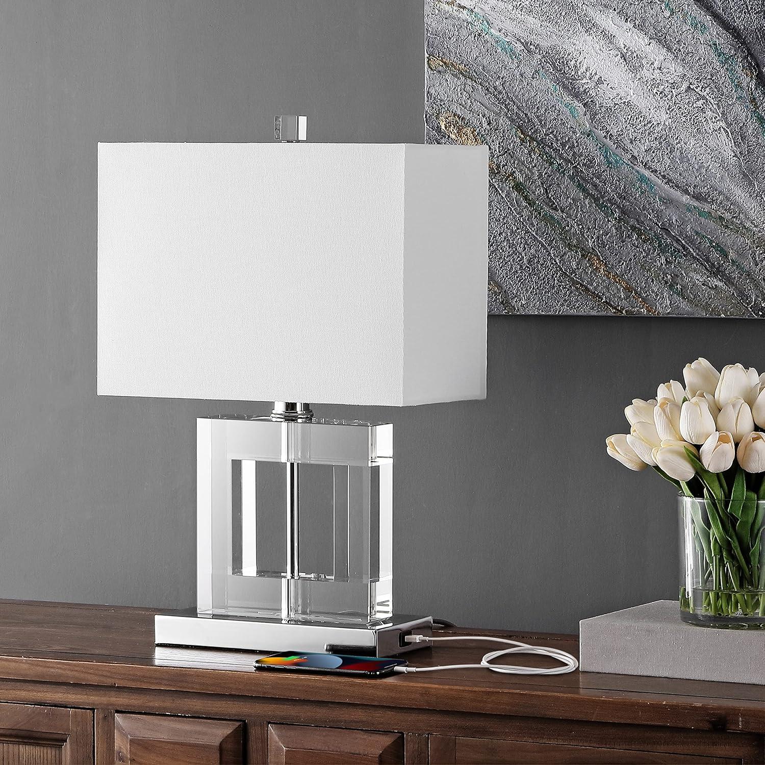 image:imageSAFAVIEH Lighting Collection Town Square Modern Square Crystal 21inch Bedroom Living Room Home Office Desk Nightstand Table Lamp LED Bulb IncludedClearWhite with USB