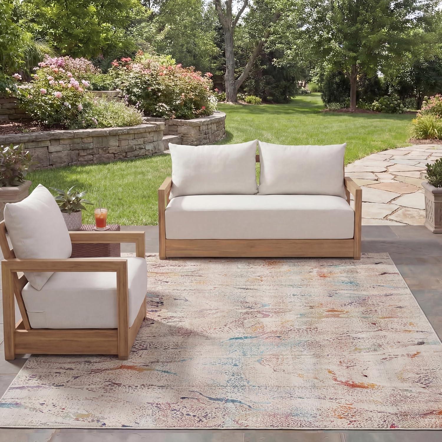 image:imageSAFAVIEH Outdoor Area Rug 9x12 Rainbow Collection Large Modern Design Ivory amp Blue Gold Weather Resistant NonShedding amp Easy Cleaning Ideal for Patio Backyard Deck RBW656AIvoryBlue Gold