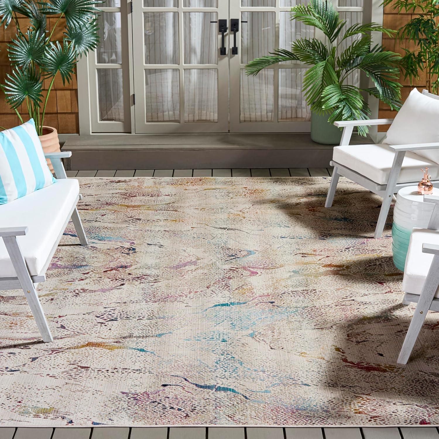 image:imageSAFAVIEH Outdoor Area Rug 9x12 Rainbow Collection Large Modern Design Ivory amp Blue Gold Weather Resistant NonShedding amp Easy Cleaning Ideal for Patio Backyard Deck RBW656AIvoryBlue Gold