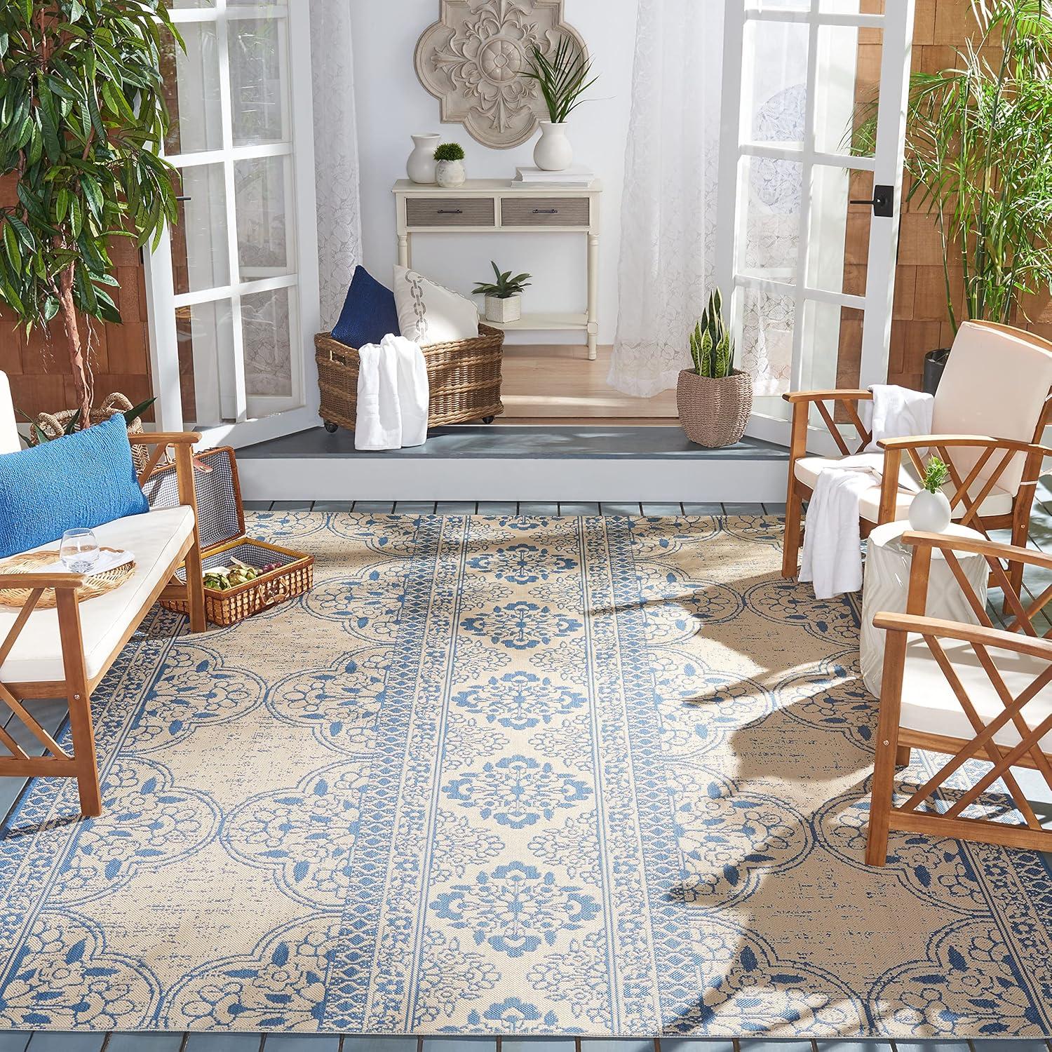 image:imageSAFAVIEH Washable Rug Outdoor Beach House Collection 53 x 76 Cream amp Beige NonShedding amp Easy to Clean Ideal for Patio Backyard Mudroom BHS174ABlueCreme