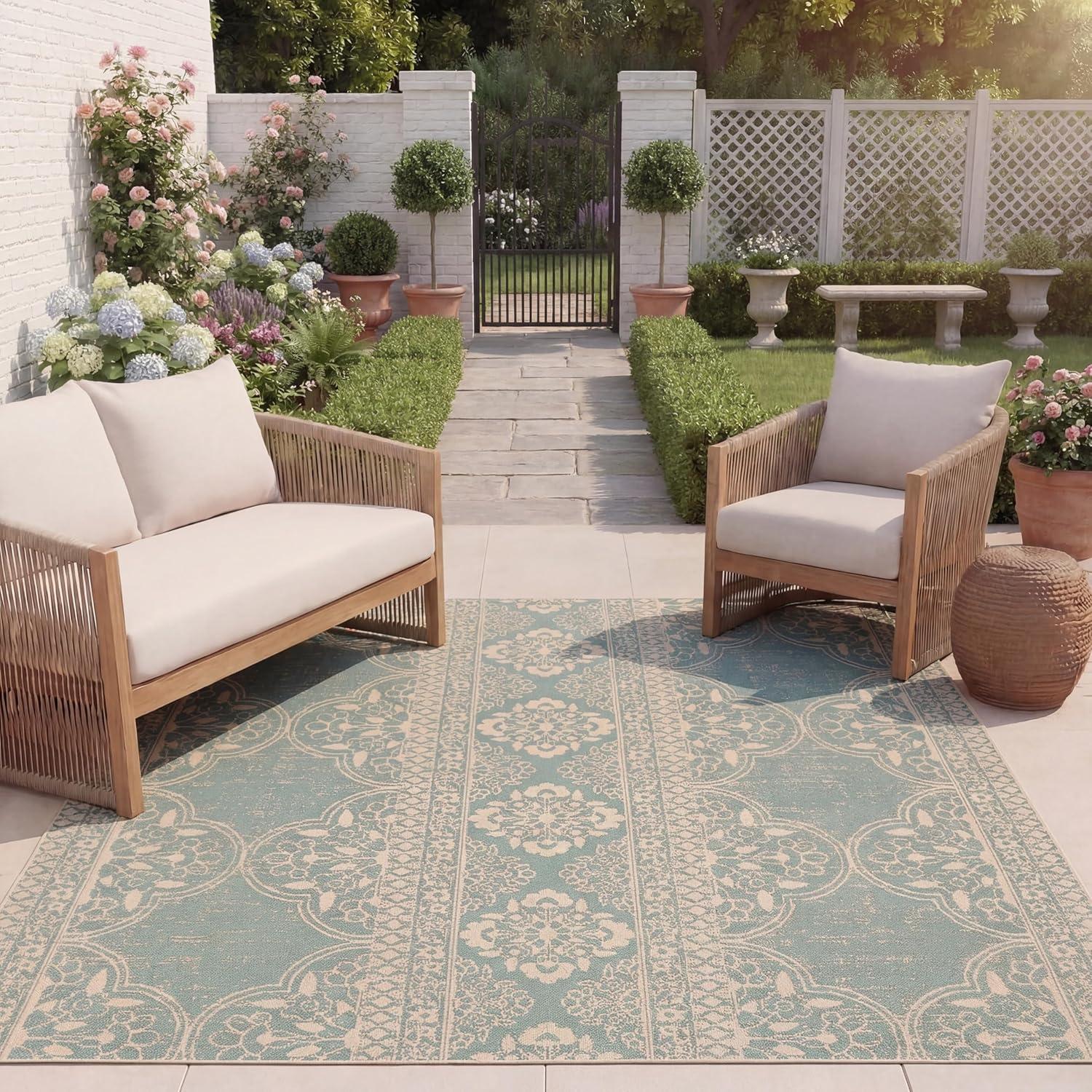 image:imageSAFAVIEH Washable Rug Outdoor Beach House Collection 53 x 76 Cream amp Beige NonShedding amp Easy to Clean Ideal for Patio Backyard Mudroom BHS174ACreamAqua