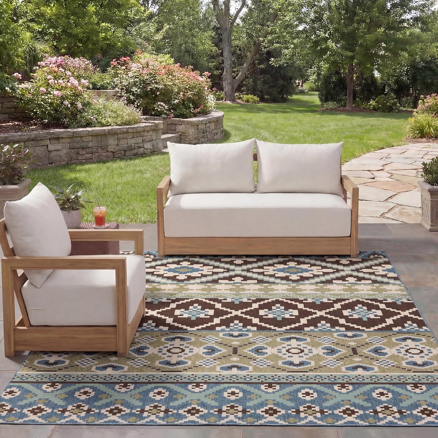 image:imageSAFAVIEH Washable Rug Outdoor Veranda Collection 8 x 11 Beige amp Grey NonShedding amp Easy to Clean Ideal for Patio Backyard Mudroom VER0973413ChocolateBlue