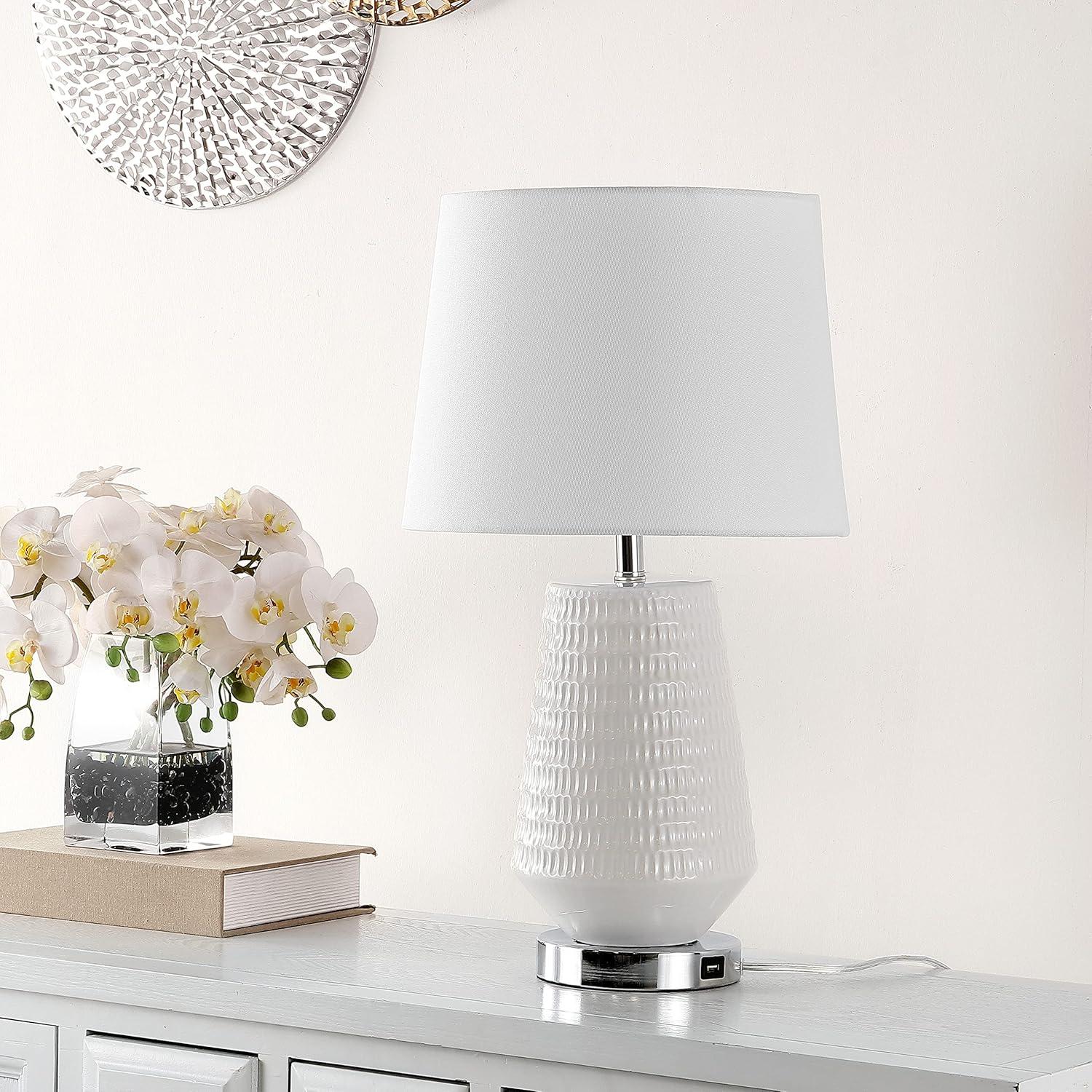 image:imageSafavieh Lighting Collection Stark Plated Silver 28inch Bedroom Living Room Home Office Desk Nightstand Table Lamp LED Bulb IncludedWhite with USB