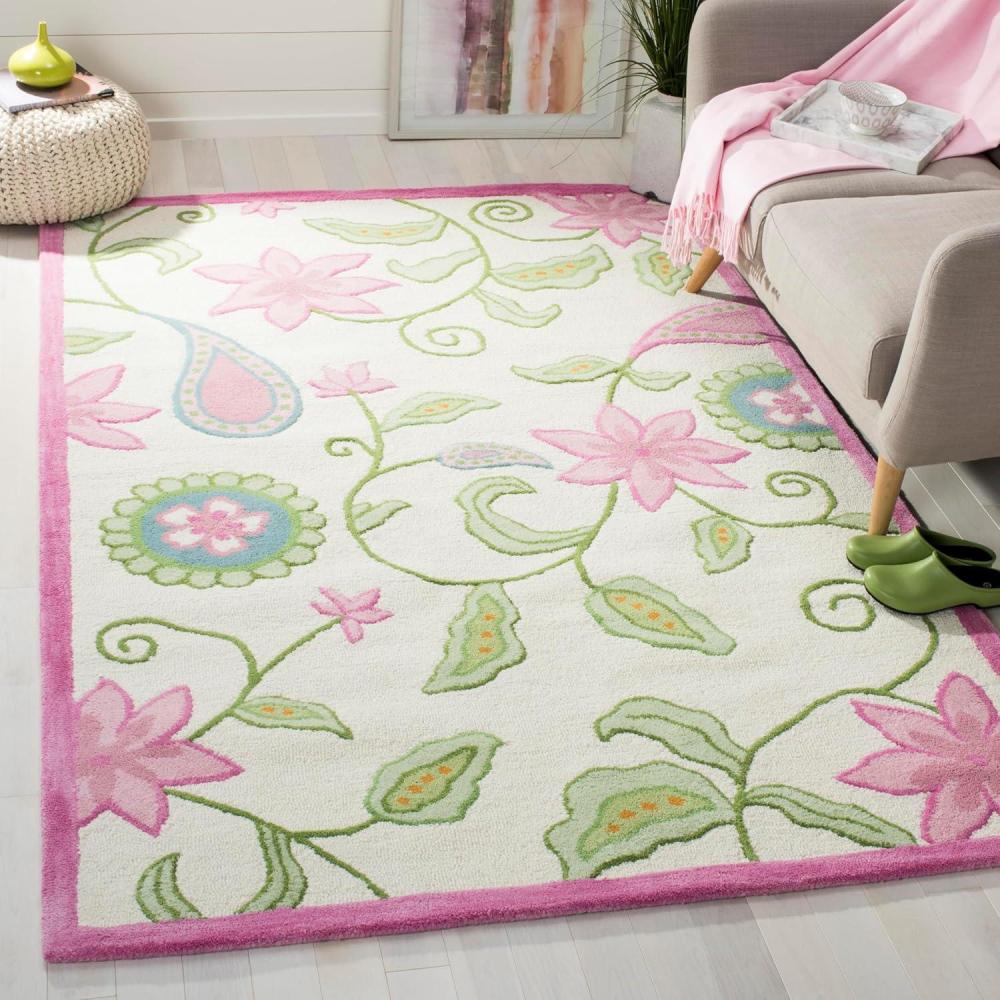 image:imageSAFAVIEH Kids Collection Area Rug  5 x 8 Ivory amp Pink Handmade Floral Wool Ideal for High Traffic Areas in Living Room Bedroom SFK351A