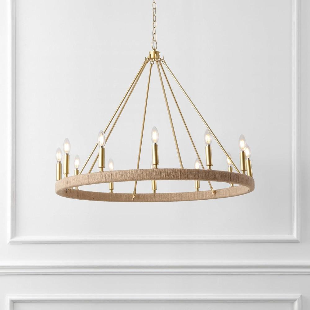 image:imageSAFAVIEH Lighting Enya 12Light Chandelier Natural amp Gold with Woven Rattan Shade 36Inch Wide Modern Ceiling Fixture for Dining Room Foyer CHA4084ANaturalGold