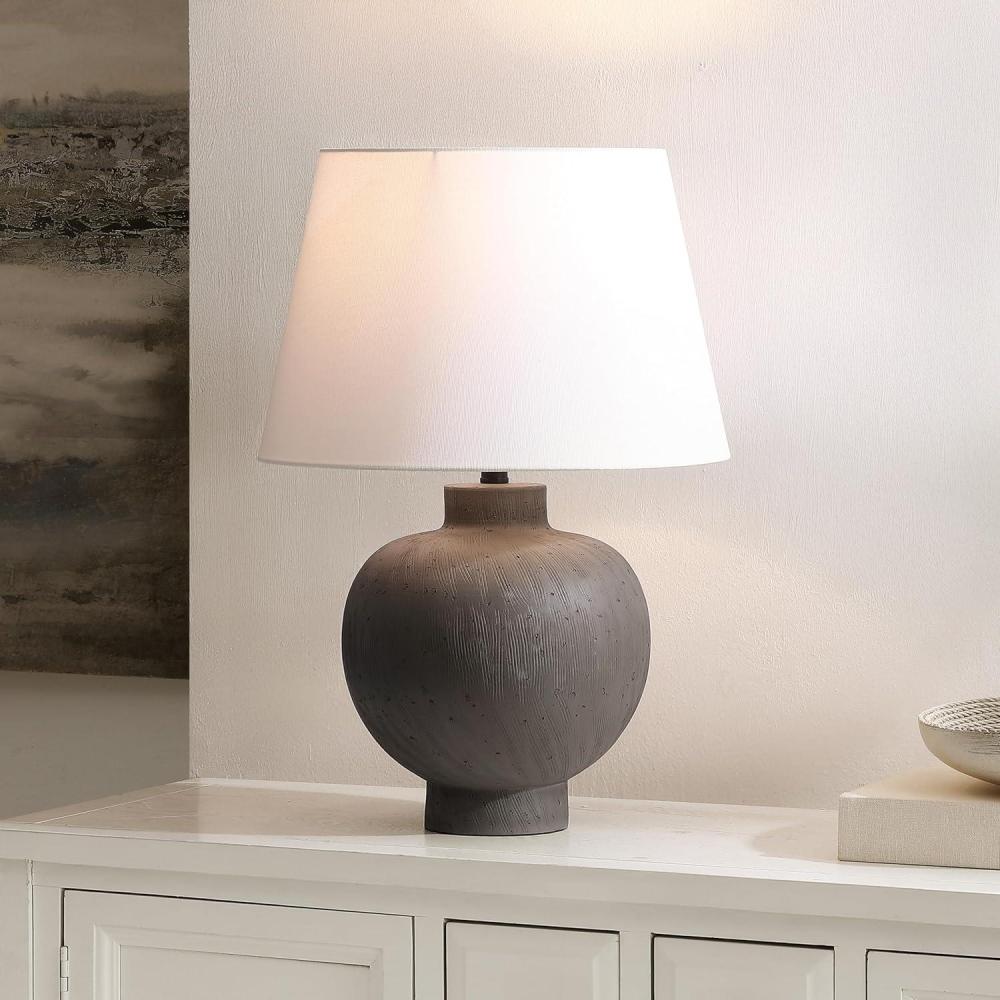 image:imageSAFAVIEH Lighting Collection Benita Brushed Grey Resin Table Lamp with Fabric Shade 22 Modern Bedside or Living Room Light E26 Bulb Compatible TBL4651AGray