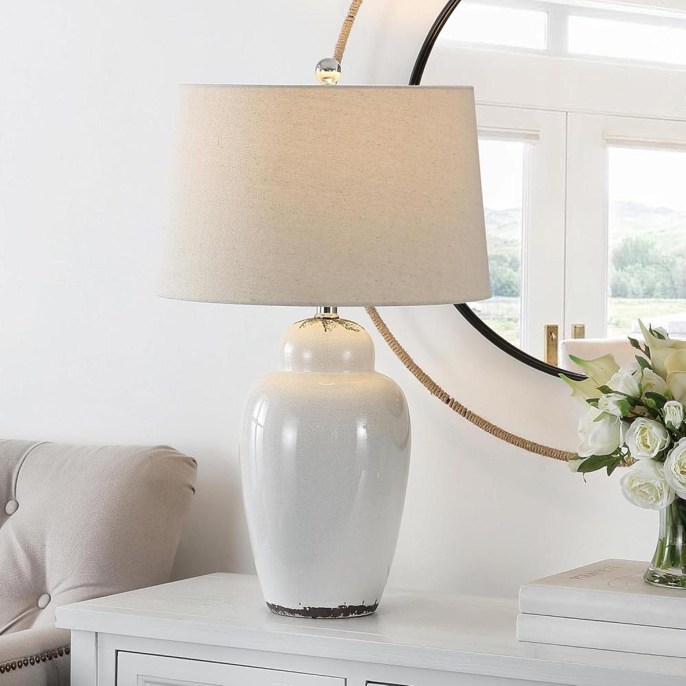 image:imageSAFAVIEH Lighting Collection Emerly Blue Ceramic Table Lamp 26 Decorative Accent Light with Fabric Shade E26 Bulb Included TBL4398ABlue