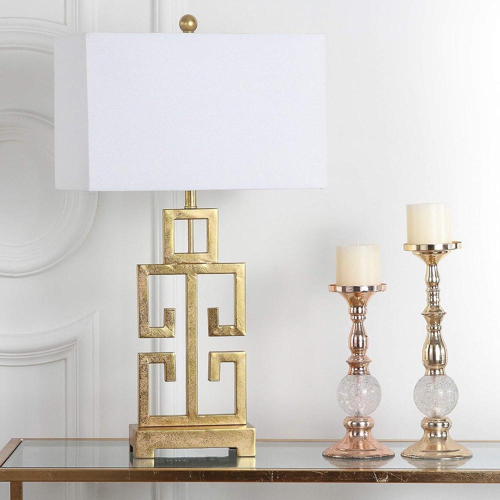 image:imageSAFAVIEH Lighting Collection Greek Key Table Lamp Antique Gold Metal Base with White Fabric Shade LED Bulb Included 29Inch Bedroom Living Room Desk Lamps LITS4305A