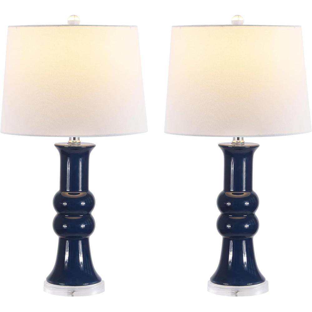 image:imageSAFAVIEH Lighting Collection Lamber Ivory Ceramic Table Lamp 26 Decorative Accent Light with Fabric Shade E26 Bulb Included TBL4418ANavy Set of 2