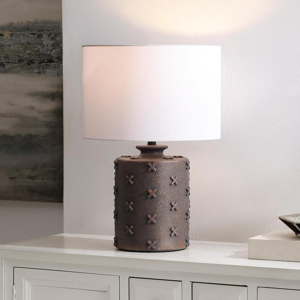 image:imageSAFAVIEH Lighting Collection Ranae Antique Dark Brown Resin Table Lamp 21 Decorative Accent Light with Fabric Shade E26 Bulb Compatible TBL4653AAntique Brown