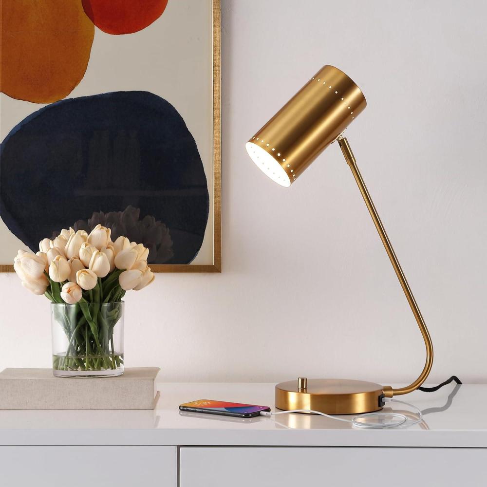 image:imageSAFAVIEH Lighting Collection Crane Brass Gold 23inch Table Lamp with USB Charging Port LED Bulb IncludedGold with USB