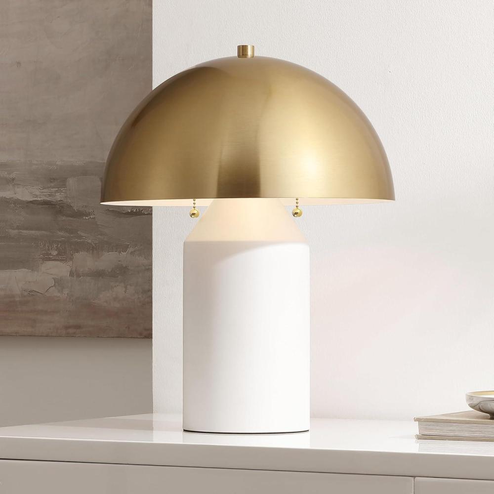 image:imageSAFAVIEH Lighting Collection JOVE Modern WhiteBrass Metal Dome Shade 18inch Table Lamp LED Bulb Included