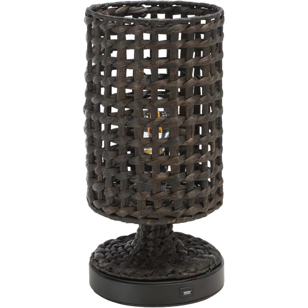 image:imageSAFAVIEH Lighting Collection Knowles Black Water Hyacinth 16inch Table Lamp with USB Charging Port LED Bulb IncludedBlack
