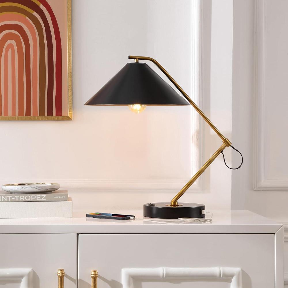 image:imageSAFAVIEH Lighting Collection Moseby BlackBrass 21inch Table Lamp with USB Charging Port LED Bulb Included