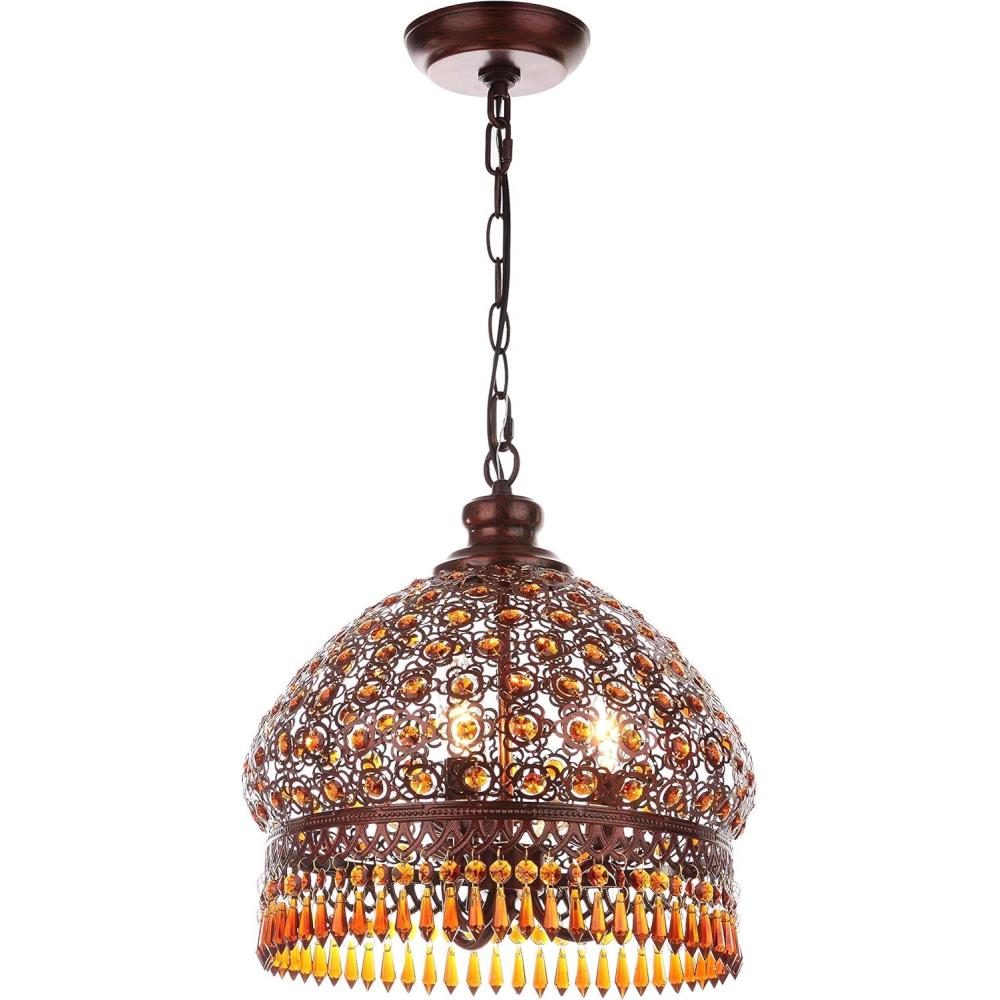 image:imageSAFAVIEH Lighting Collection Sultan Jeweled Moroccan Bohemian Farmhouse Dark Bronze Amber 14inch Diameter 3light Adjustable Hanging Chandelier Pendant Light Fixture LED Bulbs Included