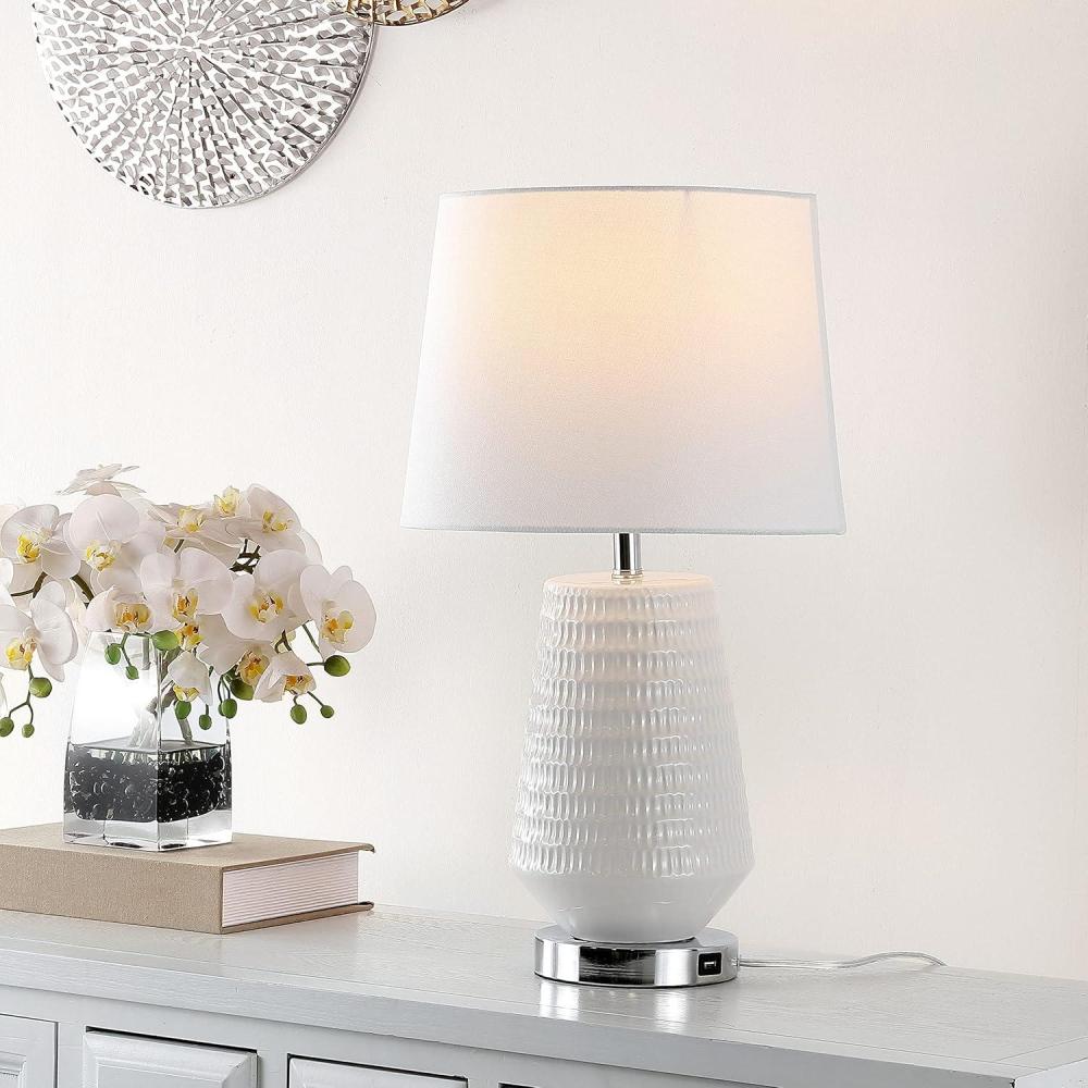 image:imageSafavieh Lighting Collection Stark Plated Silver 28inch Bedroom Living Room Home Office Desk Nightstand Table Lamp LED Bulb IncludedWhite with USB