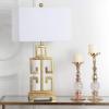 SAFAVIEH Lighting Collection – Greek Key Table Lamp – Antique Gold Metal Base with White Fabric Shade, LED Bulb Included, 29-Inch Bedroom Living Room Desk Lamps (LITS4305A)
