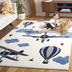 SAFAVIEH Carousel Kids Collection Area Rug – 5’3″ x 7’6″, Light Grey & Red, Non-Shedding & Easy Care, Ideal for High Traffic Areas for Boys & Girls in Playroom, Nursery, Bedroom (CRK137F)(Ivory/Blue)