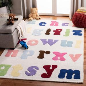 SAFAVIEH Kids Collection Area Rug – 5′ x 8′, Ivory & Multi, Handmade Alphabet Letters Wool, Ideal for High Traffic Areas in Living Room, Bedroom (SFK389A)(Ivory/Multi)