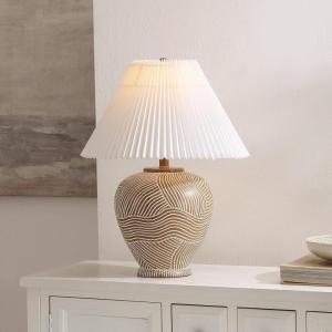 SAFAVIEH Lighting – Claude 22-Inch Table Lamp – Brown & White Abstract Design with Pleated Shade – Ideal for Living Room, Bedroom, Nightstand, Reading Nook, LED Bulb Included (TBL4688A)(Brown)