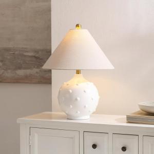 SAFAVIEH Lighting – Leanni 22-Inch Table Lamp – White Resin & Oatmeal Shade – Ideal for Living Room, Bedroom, Nightstand, Reading Nook, LED Bulb Included (TBL4680A)(White)