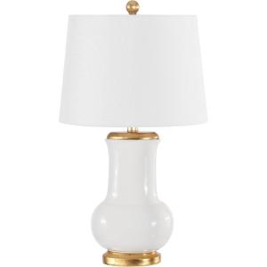 SAFAVIEH Lighting Collection – Emberson Table Lamp – Ivory Ceramic Base with Gold Leaf Accents and White Fabric Shade, LED Bulb Included, 25-Inch Bedroom Living Room Desk Lamp (TBL4414A)