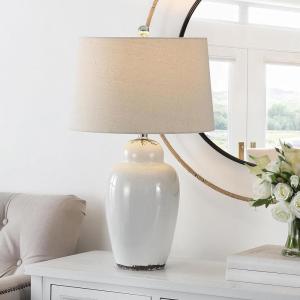 SAFAVIEH Lighting Collection – Emerly Blue Ceramic Table Lamp, 26″ Decorative Accent Light with Fabric Shade, E26 Bulb Included (TBL4398A)(Blue)