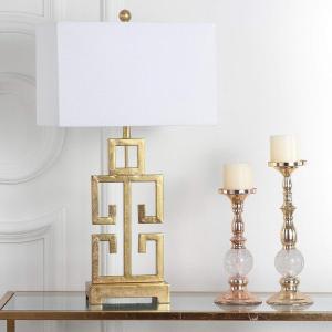 SAFAVIEH Lighting Collection – Greek Key Table Lamp – Antique Gold Metal Base with White Fabric Shade, LED Bulb Included, 29-Inch Bedroom Living Room Desk Lamps (LITS4305A)