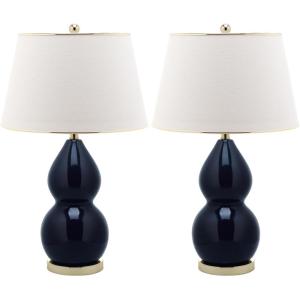 SAFAVIEH Lighting Collection – Jill 27″ Double Gourd Ceramic Table Lamp, Yellow with White Shade (LIT4093H)(Navy – Set of 2)