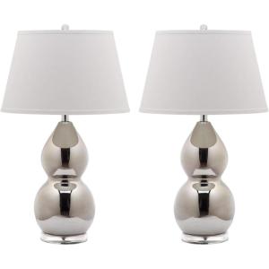 SAFAVIEH Lighting Collection – Jill 27″ Double Gourd Ceramic Table Lamp, Yellow with White Shade (LIT4093H)(Silver – Set of 2)