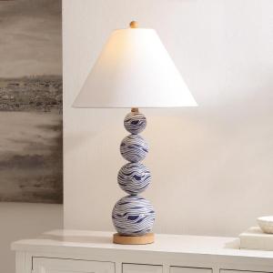 SAFAVIEH Lighting Collection – Juniper Blue & White Ceramic Table Lamp, 32″ Decorative Accent Light with Fabric Shade, E26 Bulb Compatible (TBL4658A)(White/Blue)
