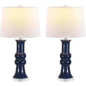 SAFAVIEH Lighting Collection – Lamber Ivory Ceramic Table Lamp, 26″ Decorative Accent Light with Fabric Shade, E26 Bulb Included (TBL4418A)(Navy – Set of 2)