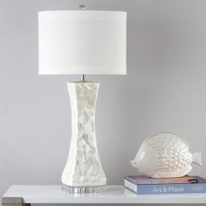 SAFAVIEH Lighting Collection – Shelley Coastal White Capiz Shell Table Lamp, Concave Shell Design, LED Bulb Included (LITS4146A)