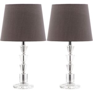 SAFAVIEH Lighting Collection Harlow Modern Glam Tiered Crystal/ Grey Shade 16-inch Bedroom Living Room Home Office Desk Nightstand Table Lamp Set of 2 (LED Bulbs Included)(Clear/Grey – Set of 2)