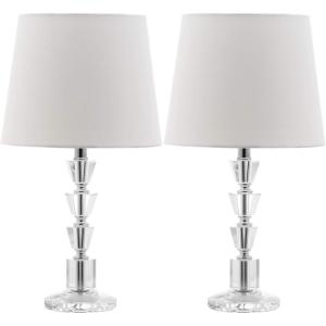 SAFAVIEH Lighting Collection Harlow Modern Glam Tiered Crystal/ Grey Shade 16-inch Bedroom Living Room Home Office Desk Nightstand Table Lamp Set of 2 (LED Bulbs Included)(Clear/White)